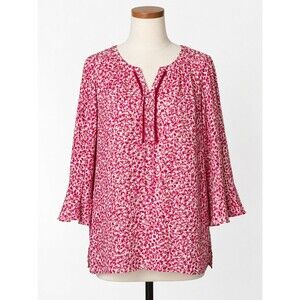 Catherines Top Size 3x Popover Blouse Pink Print Polyester V-Neck Tie Neck